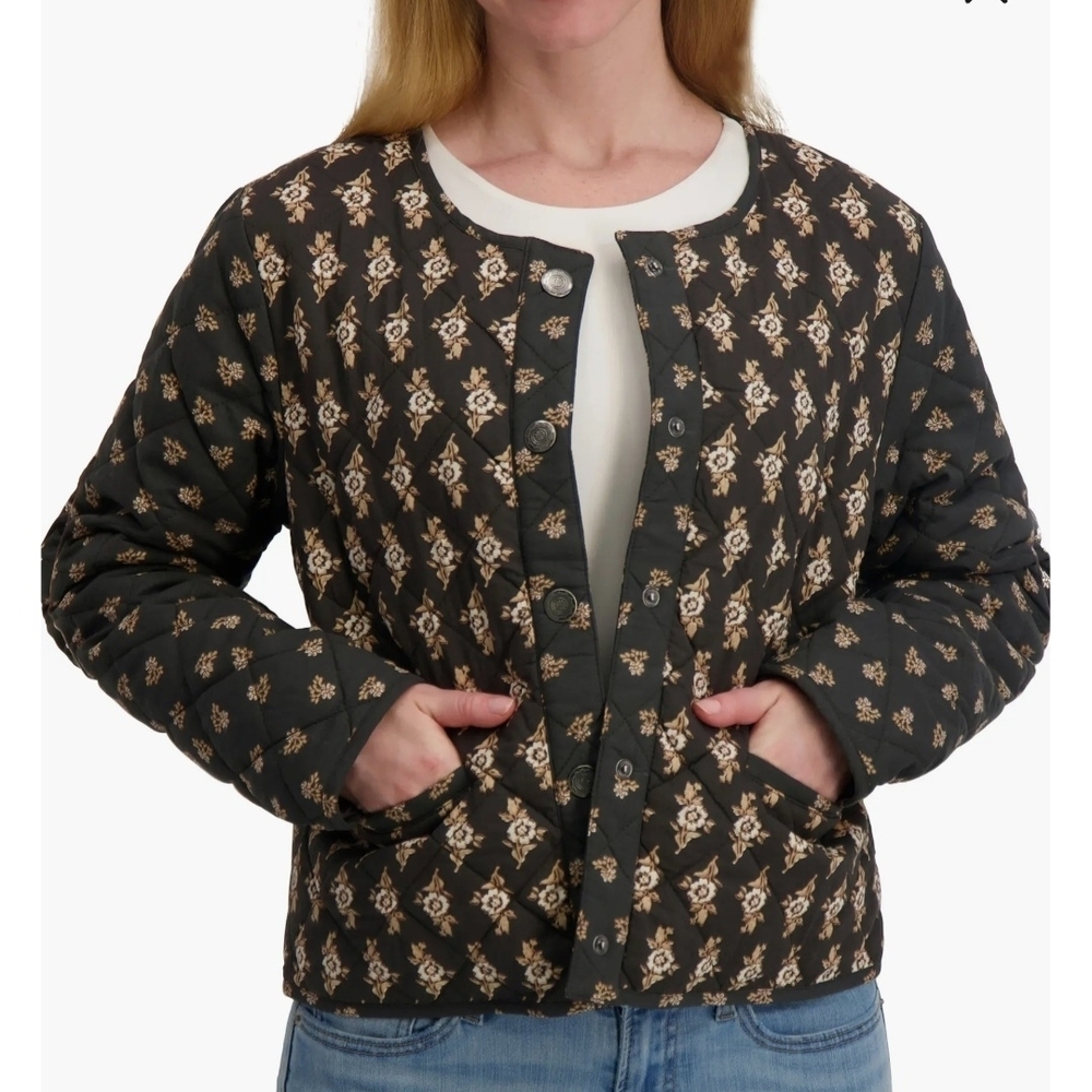 Lucky Brand Women's Black and Cream Floral Patterned Jacket Size Medium